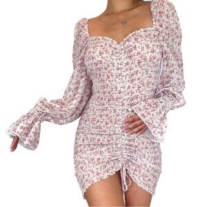 Princess Polly Floral Ruched smocked mini dress Long Sheer Sleeve, bodycon 6